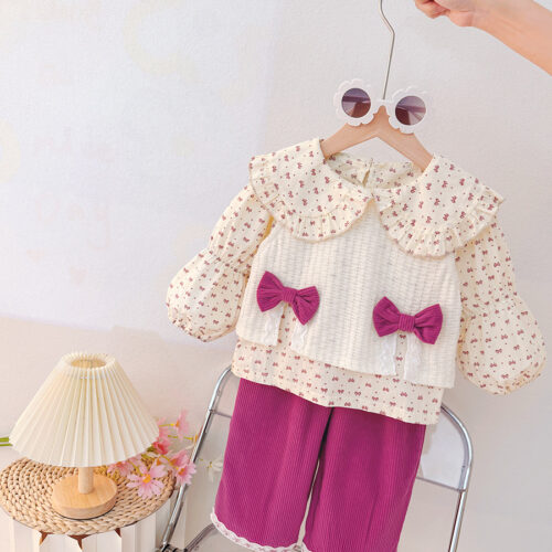 Ellenber Girls 3 Piece Party Wear Dress | Cream Floral Top with Bow & Pink Palazzo Pants | Birthday & Festive Outfit for Kids (2–6 Years)