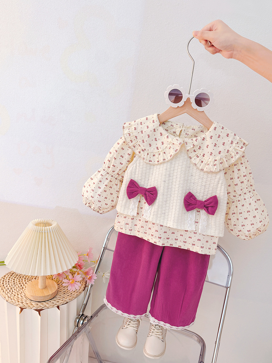 Ellenber Girls 3 Piece Party Wear Dress | Cream Floral Top with Bow & Pink Palazzo Pants | Birthday & Festive Outfit for Kids (2–6 Years)