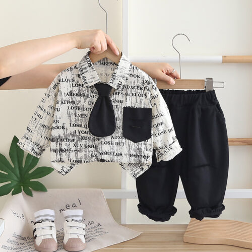 The "Mini Boss" Set: Trendy Baby Boy Black & White Graffiti Print Shirt with Tie & Trousers