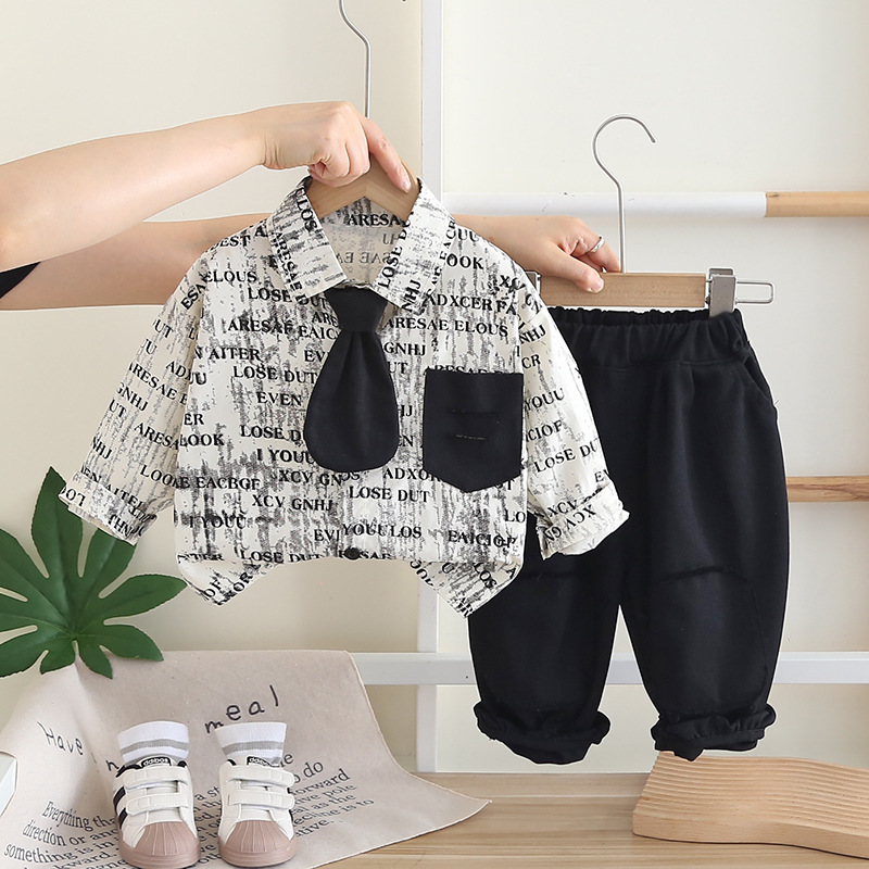 The "Mini Boss" Set: Trendy Baby Boy Black & White Graffiti Print Shirt with Tie & Trousers