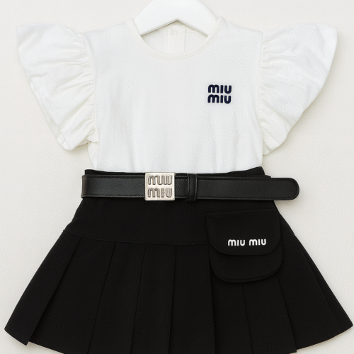 Trendy Kids Party Wear Dress Set for Girls – Stylish Top with Pleated Skirt & Belt | Birthday & Special Occasion Outfit