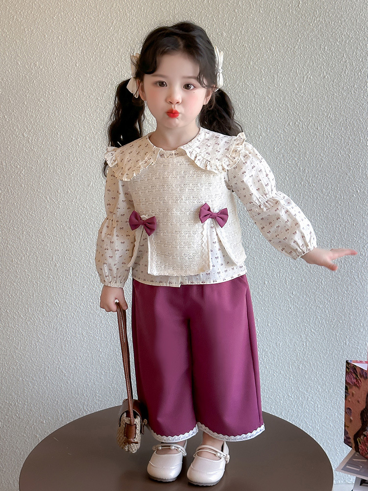 Ellenber Girls 3 Piece Party Wear Dress | Cream Floral Top with Bow & Pink Palazzo Pants | Birthday & Festive Outfit for Kids (2–6 Years) - Image 2