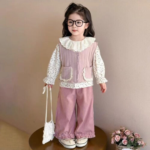 Ellenber Girls 3 Piece Party Wear Dress Set | Brown Corduroy Vest, Floral Top & Frill Pants | Stylish Birthday & Festive Outfit for Kids