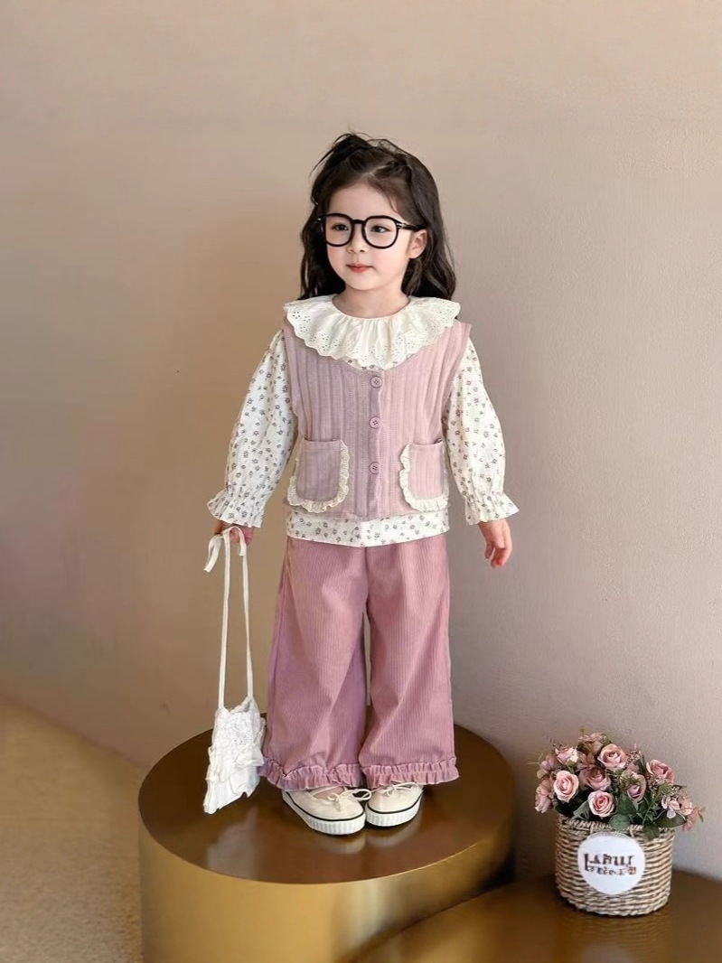 Ellenber Girls 3 Piece Party Wear Dress Set | Brown Corduroy Vest, Floral Top & Frill Pants | Stylish Birthday & Festive Outfit for Kids