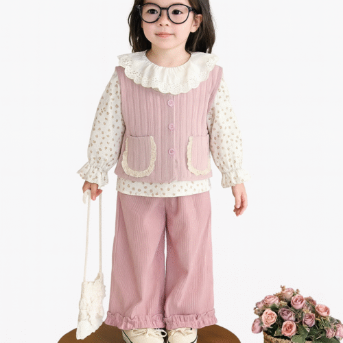 Ellenber Girls 3 Piece Party Wear Dress Set | Brown Corduroy Vest, Floral Top & Frill Pants | Stylish Birthday & Festive Outfit for Kids