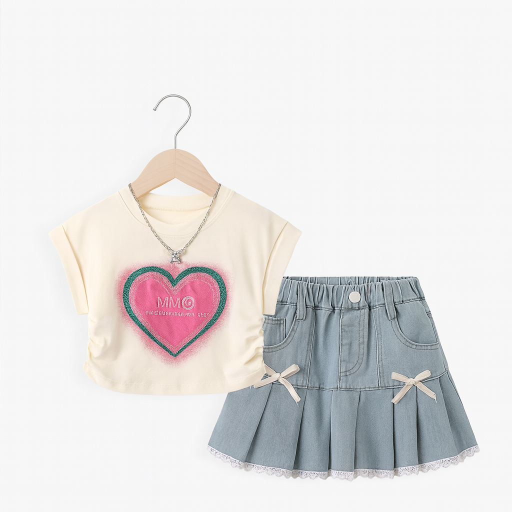 Ellenber Girls Party Wear Top & Denim Skirt Set | White Heart Print T-Shirt with Stylish Bow Pleated Skirt | Kids Birthday & Casual Outfit - Image 6