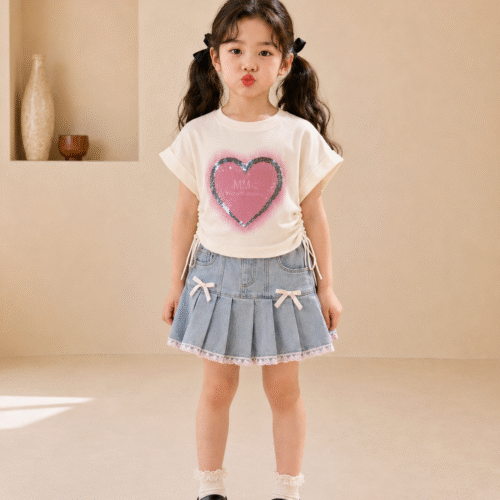 Ellenber Girls Party Wear Top & Denim Skirt Set | White Heart Print T-Shirt with Stylish Bow Pleated Skirt | Kids Birthday & Casual Outfit