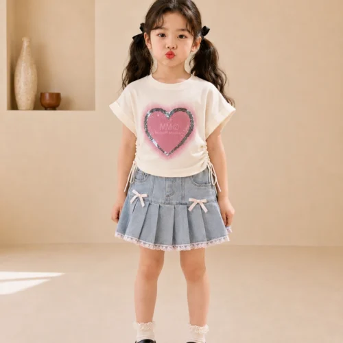 Ellenber Girls Party Wear Top & Denim Skirt Set | White Heart Print T-Shirt with Stylish Bow Pleated Skirt | Kids Birthday & Casual Outfit