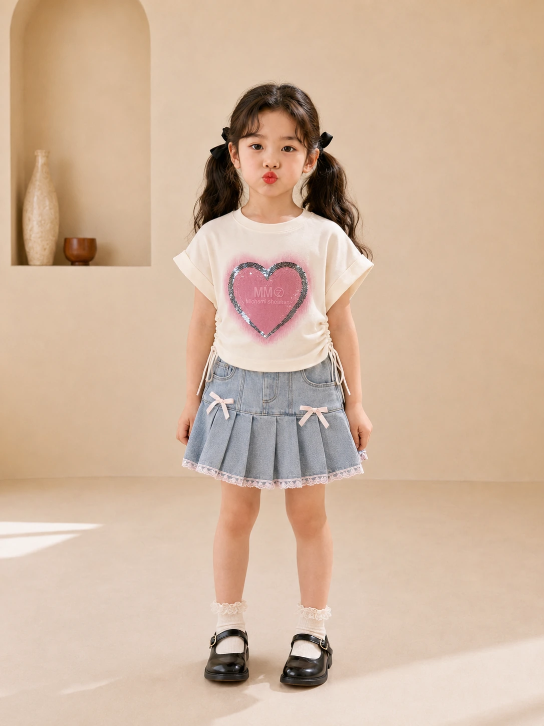 Girl wearing a white heart-print top and blue denim pleated skirt
