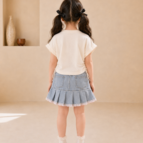 Ellenber Girls Party Wear Top & Denim Skirt Set | White Heart Print T-Shirt with Stylish Bow Pleated Skirt | Kids Birthday & Casual Outfit