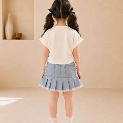 Ellenber Girls Party Wear Top & Denim Skirt Set | White Heart Print T-Shirt with Stylish Bow Pleated Skirt | Kids Birthday & Casual Outfit