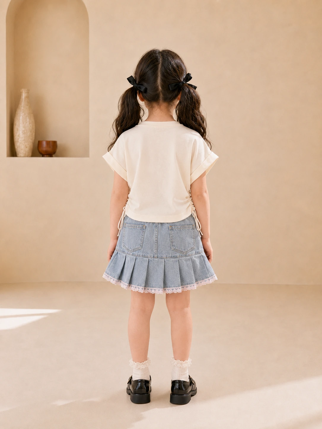 Girl wearing a white heart-print top and blue denim pleated skirt