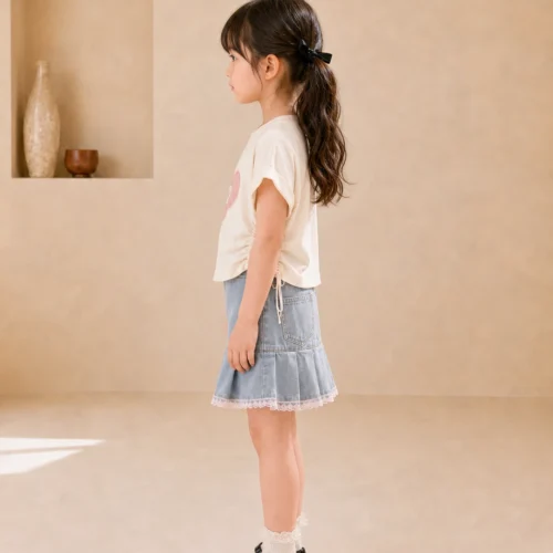Ellenber Girls Party Wear Top & Denim Skirt Set | White Heart Print T-Shirt with Stylish Bow Pleated Skirt | Kids Birthday & Casual Outfit
