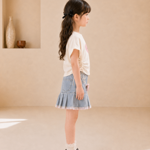 Ellenber Girls Party Wear Top & Denim Skirt Set | White Heart Print T-Shirt with Stylish Bow Pleated Skirt | Kids Birthday & Casual Outfit
