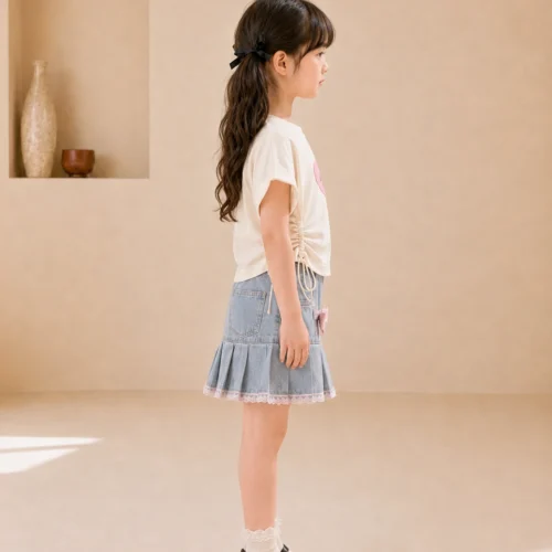 Ellenber Girls Party Wear Top & Denim Skirt Set | White Heart Print T-Shirt with Stylish Bow Pleated Skirt | Kids Birthday & Casual Outfit