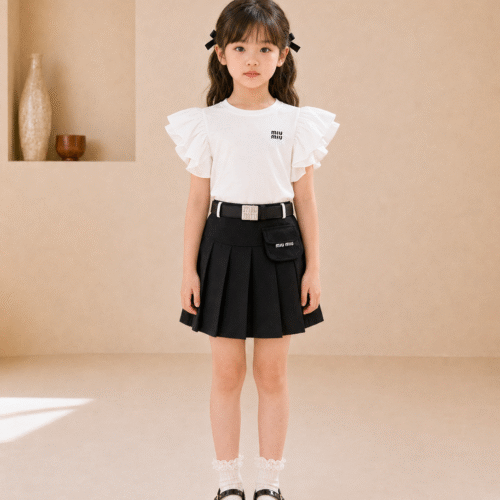 Trendy Kids Party Wear Dress Set for Girls – Stylish Top with Pleated Skirt & Belt | Birthday & Special Occasion Outfit