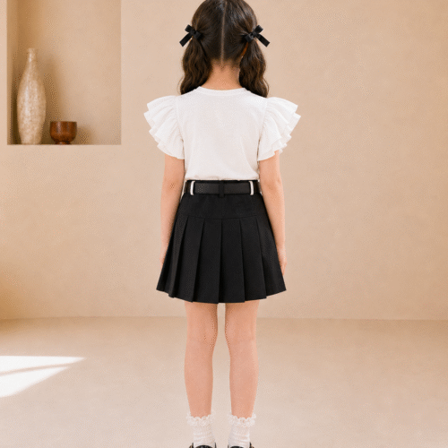 Trendy Kids Party Wear Dress Set for Girls – Stylish Top with Pleated Skirt & Belt | Birthday & Special Occasion Outfit