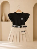 Girl wearing a black ruffle-sleeve top and beige pleated skirt