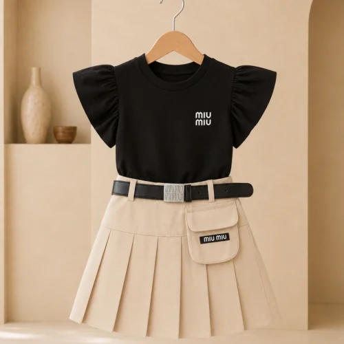 Trendy Kids Party Wear Dress Set for Girls – Stylish Top with Pleated Skirt & Belt | Birthday & Special Occasion Outfit