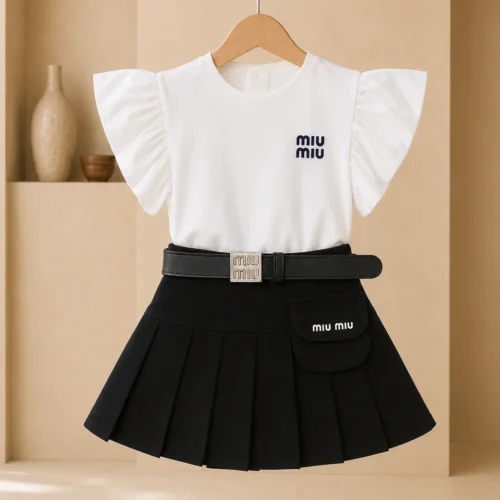 Trendy Kids Party Wear Dress Set for Girls – Stylish Top with Pleated Skirt & Belt | Birthday & Special Occasion Outfit