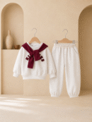 Girl wearing a cream sweatshirt and jogger set with burgundy scarf detail