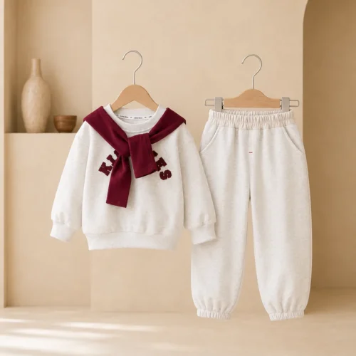 Girl wearing a cream sweatshirt and jogger set with burgundy scarf detail