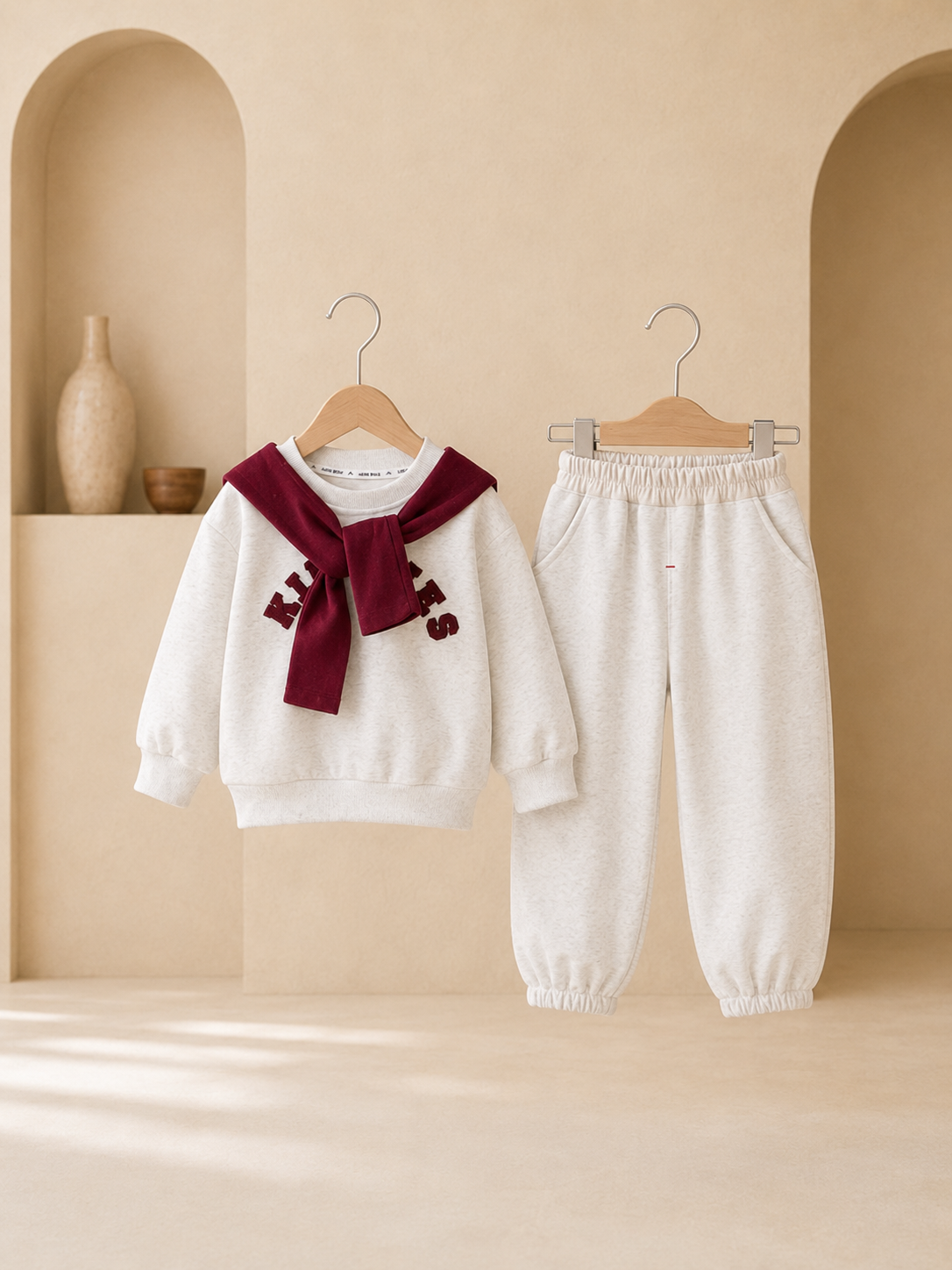 Girl wearing a cream sweatshirt and jogger set with burgundy scarf detail