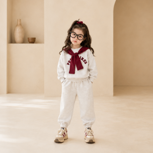 Girls Cotton Sweatshirt & Jogger Co-ord Set with Scarf | Grey & Burgundy