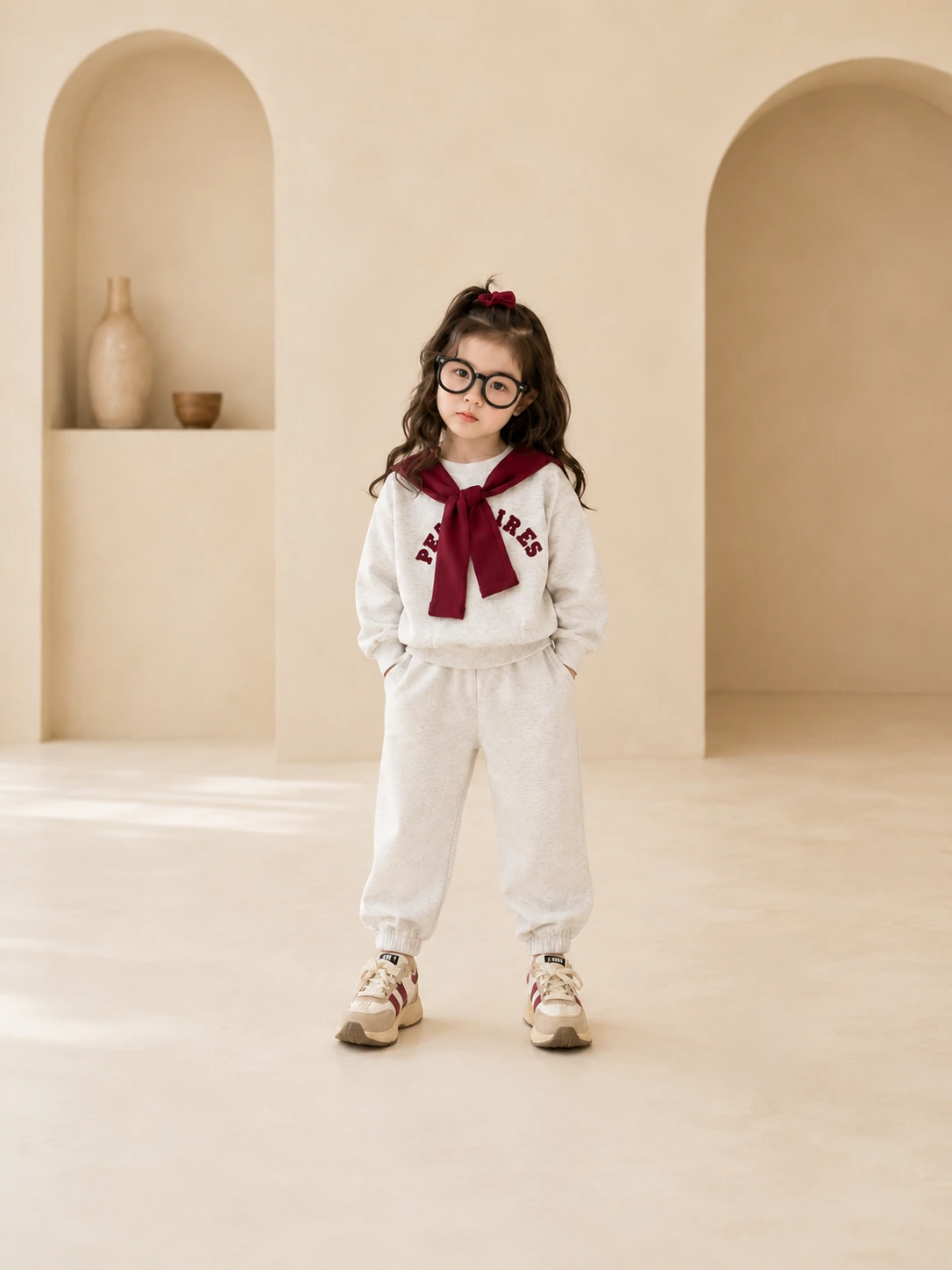 Girl wearing a cream sweatshirt and jogger set with burgundy scarf detail
