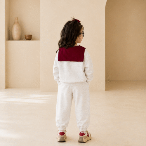 Girls Cotton Sweatshirt & Jogger Co-ord Set with Scarf | Grey & Burgundy | Ellenber