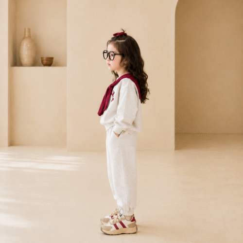 Girls Cotton Sweatshirt & Jogger Co-ord Set with Scarf | Grey & Burgundy | Ellenber