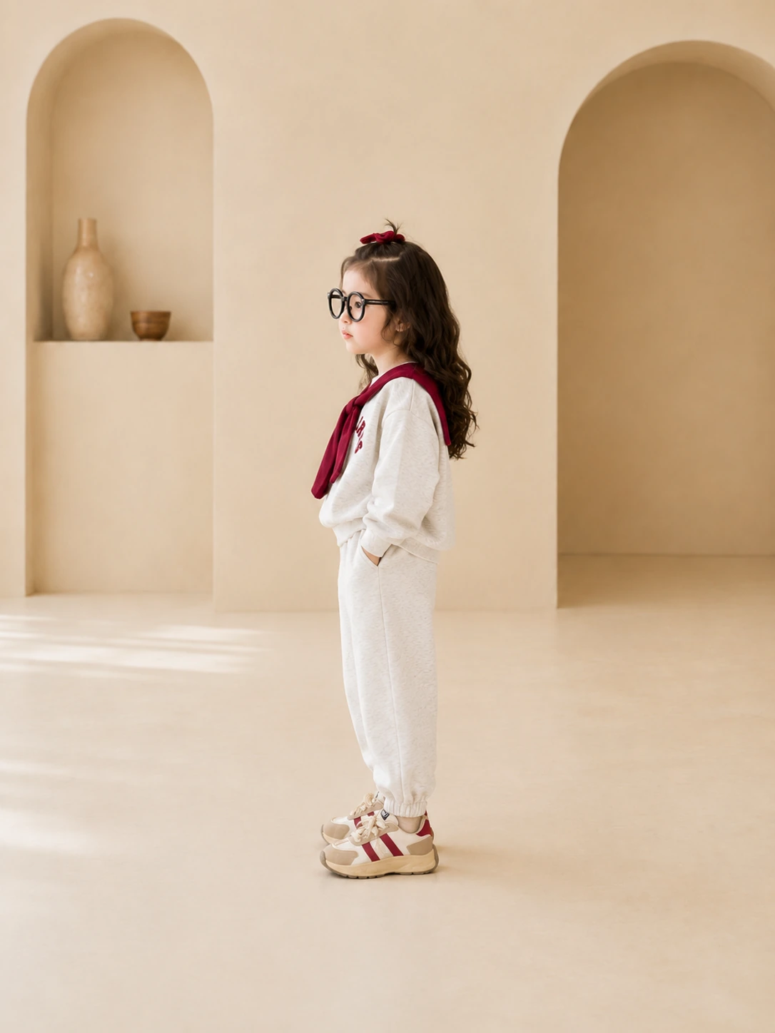 Girl wearing a cream sweatshirt and jogger set with burgundy scarf detail