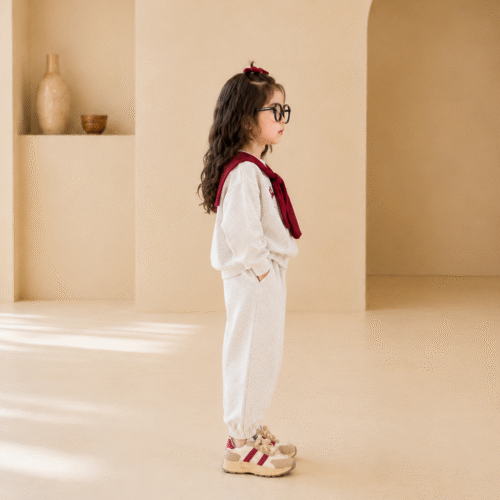Girls Cotton Sweatshirt & Jogger Co-ord Set with Scarf | Grey & Burgundy | Ellenber