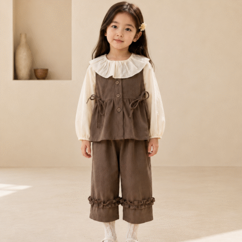 Ellenber Girls 3 Piece Party Wear Dress | Brown Dungaree with White Top & Pants | Stylish Birthday & Festive Outfit for Kids (2–6 Years)