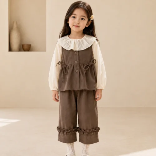 Ellenber Girls 3 Piece Party Wear Dress | Brown Dungaree with White Top & Pants | Stylish Birthday & Festive Outfit for Kids (2–6 Years)