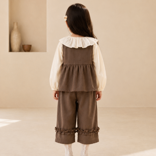 Ellenber Girls 3 Piece Party Wear Dress | Brown Dungaree with White Top & Pants | Stylish Birthday & Festive Outfit for Kids (2–6 Years)