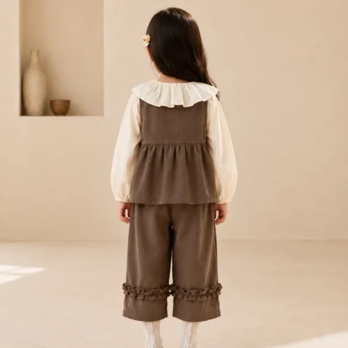 Ellenber Girls 3 Piece Party Wear Dress | Brown Dungaree with White Top & Pants | Stylish Birthday & Festive Outfit for Kids (2–6 Years)