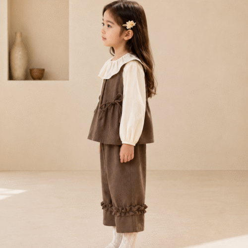 Ellenber Girls 3 Piece Party Wear Dress | Brown Dungaree with White Top & Pants | Stylish Birthday & Festive Outfit for Kids (2–6 Years)