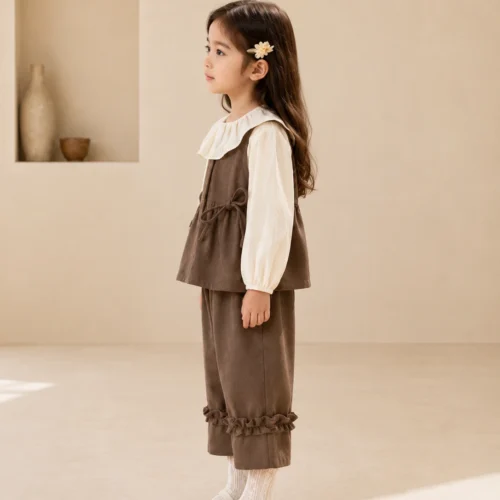 Ellenber Girls 3 Piece Party Wear Dress | Brown Dungaree with White Top & Pants | Stylish Birthday & Festive Outfit for Kids (2–6 Years)