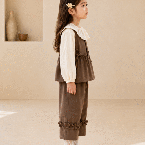 Ellenber Girls 3 Piece Party Wear Dress | Brown Dungaree with White Top & Pants | Stylish Birthday & Festive Outfit for Kids (2–6 Years)