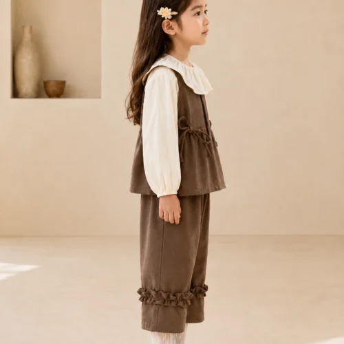 Ellenber Girls 3 Piece Party Wear Dress | Brown Dungaree with White Top & Pants | Stylish Birthday & Festive Outfit for Kids (2–6 Years)