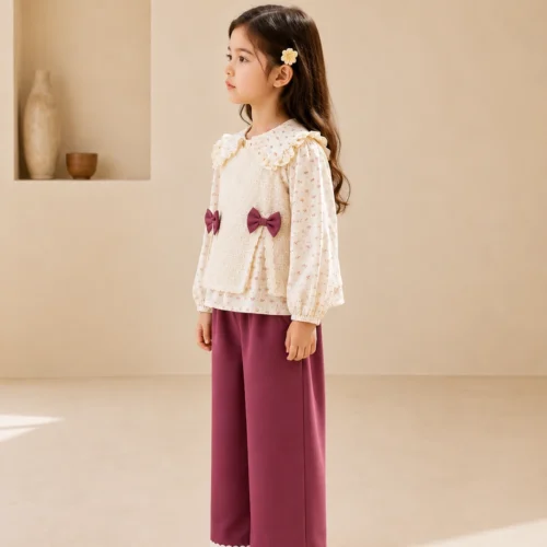 Ellenber Girls 3 Piece Party Wear Dress | Cream Floral Top with Bow & Pink Palazzo Pants | Birthday & Festive Outfit for Kids (2–6 Years)