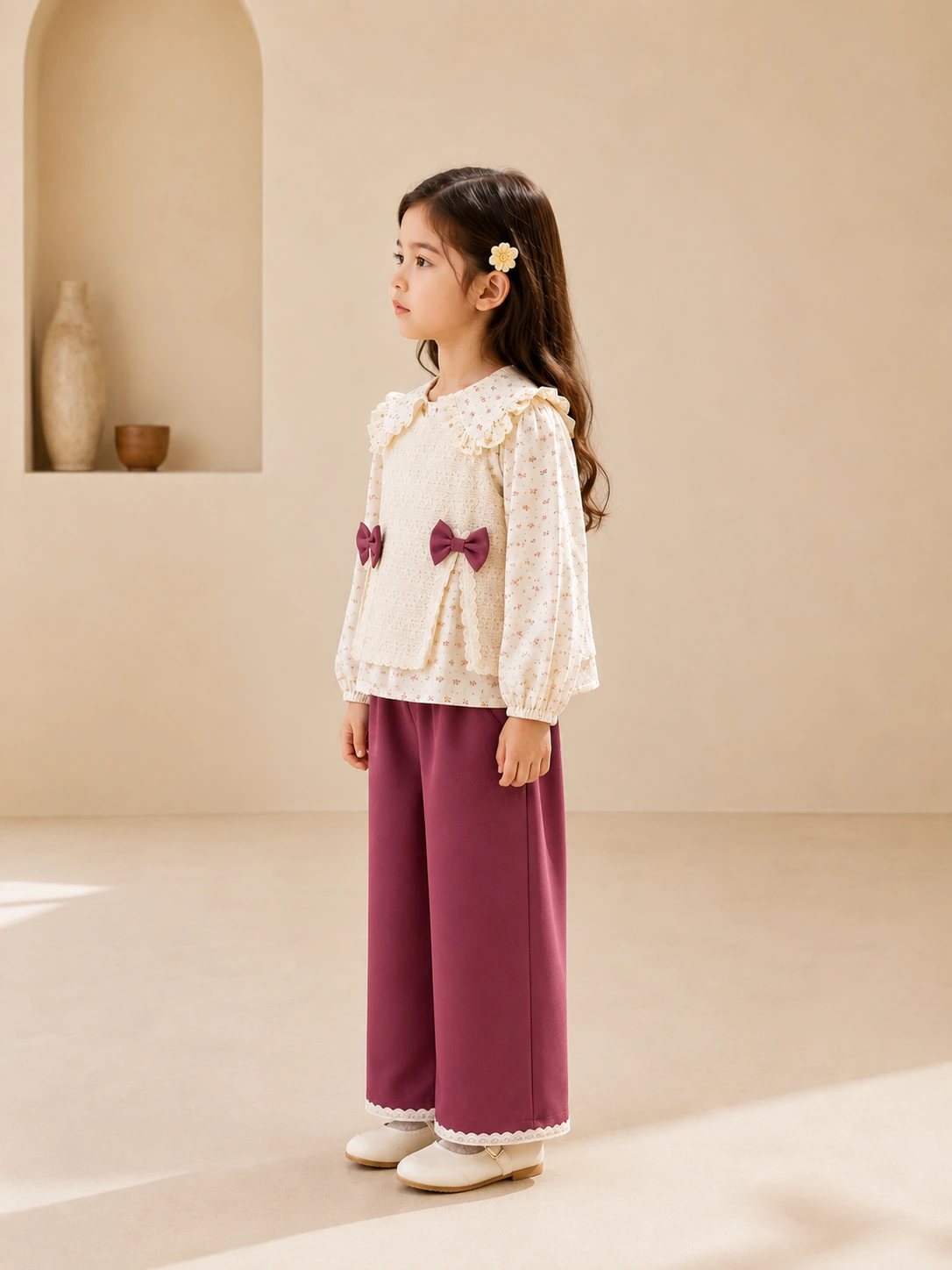 Girl wearing a three-piece floral top, lace jacket and magenta pants set