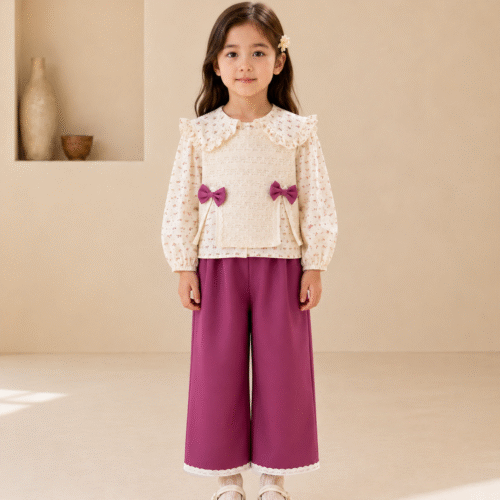 Ellenber Girls 3 Piece Party Wear Dress | Cream Floral Top with Bow & Pink Palazzo Pants | Birthday & Festive Outfit for Kids (2–6 Years)