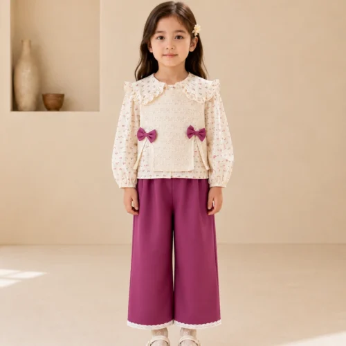 Ellenber Girls 3 Piece Party Wear Dress | Cream Floral Top with Bow & Pink Palazzo Pants | Birthday & Festive Outfit for Kids (2–6 Years)