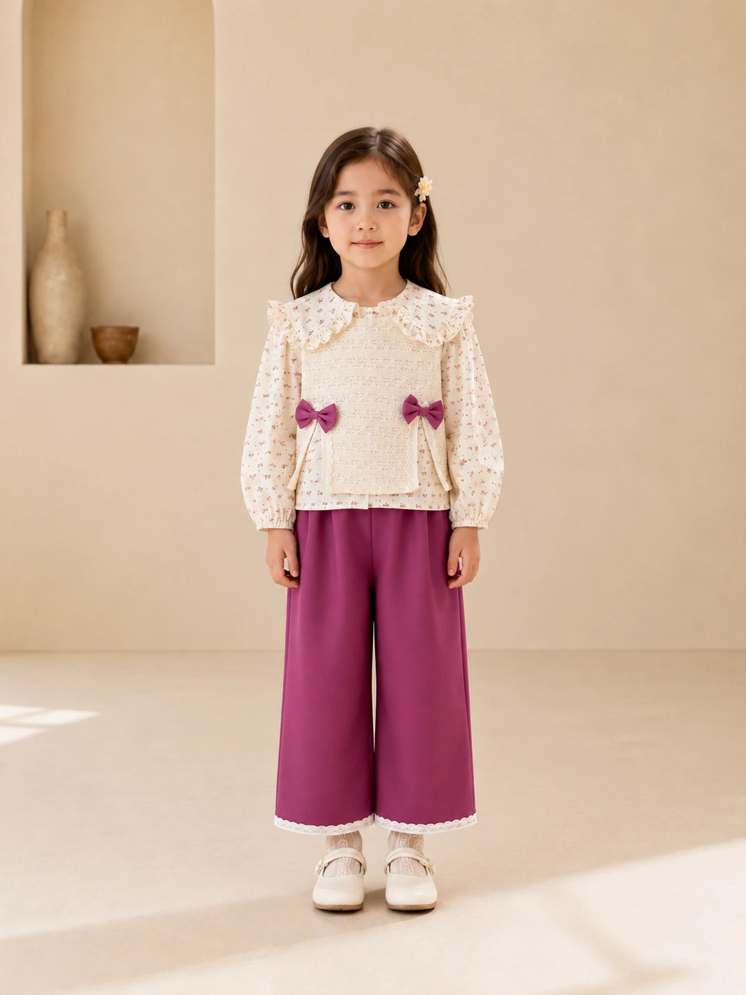 Girl wearing a three-piece floral top, lace jacket and magenta pants set