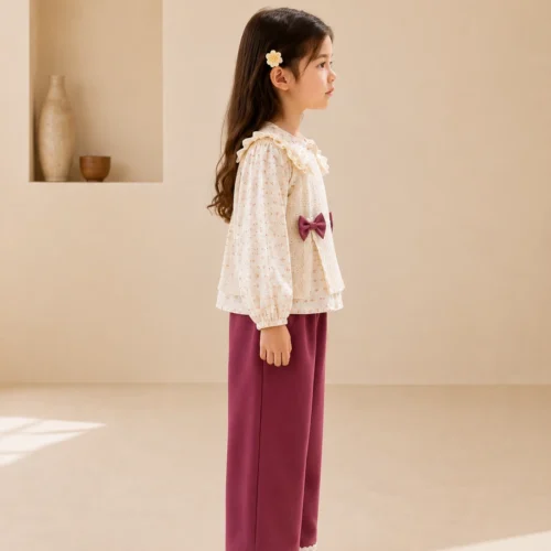 Ellenber Girls 3 Piece Party Wear Dress | Cream Floral Top with Bow & Pink Palazzo Pants | Birthday & Festive Outfit for Kids (2–6 Years)