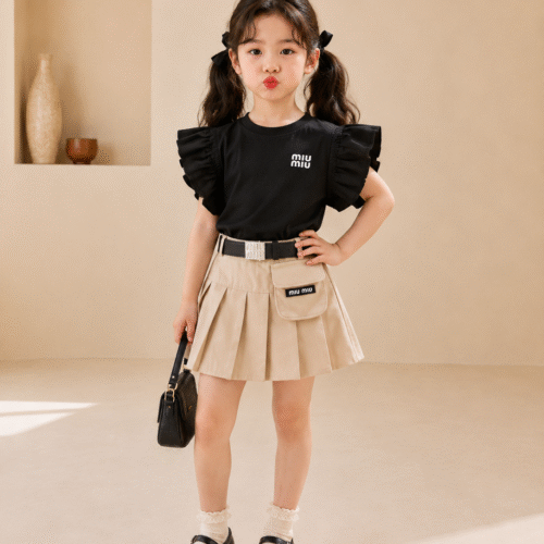 Trendy Kids Party Wear Dress Set for Girls – Stylish Top with Pleated Skirt & Belt | Birthday & Special Occasion Outfit
