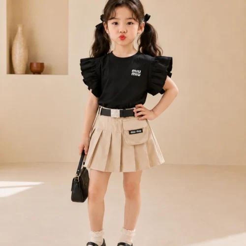 Trendy Kids Party Wear Dress Set for Girls – Stylish Top with Pleated Skirt & Belt | Birthday & Special Occasion Outfit