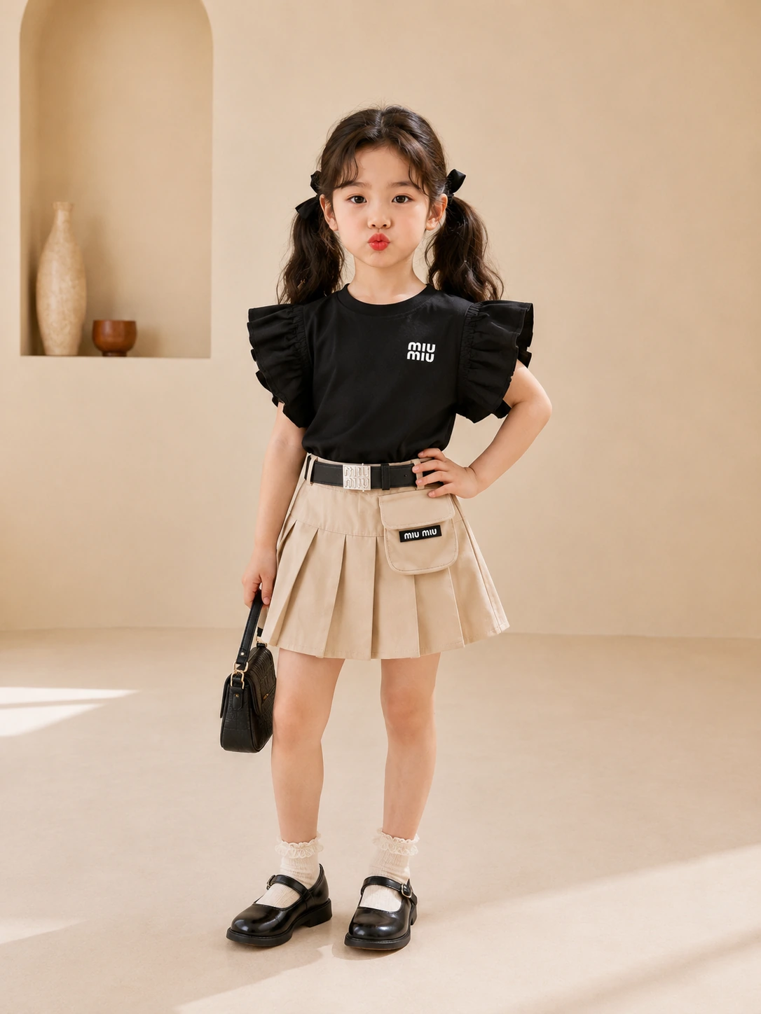 Girl wearing a black ruffle-sleeve top and beige pleated skirt